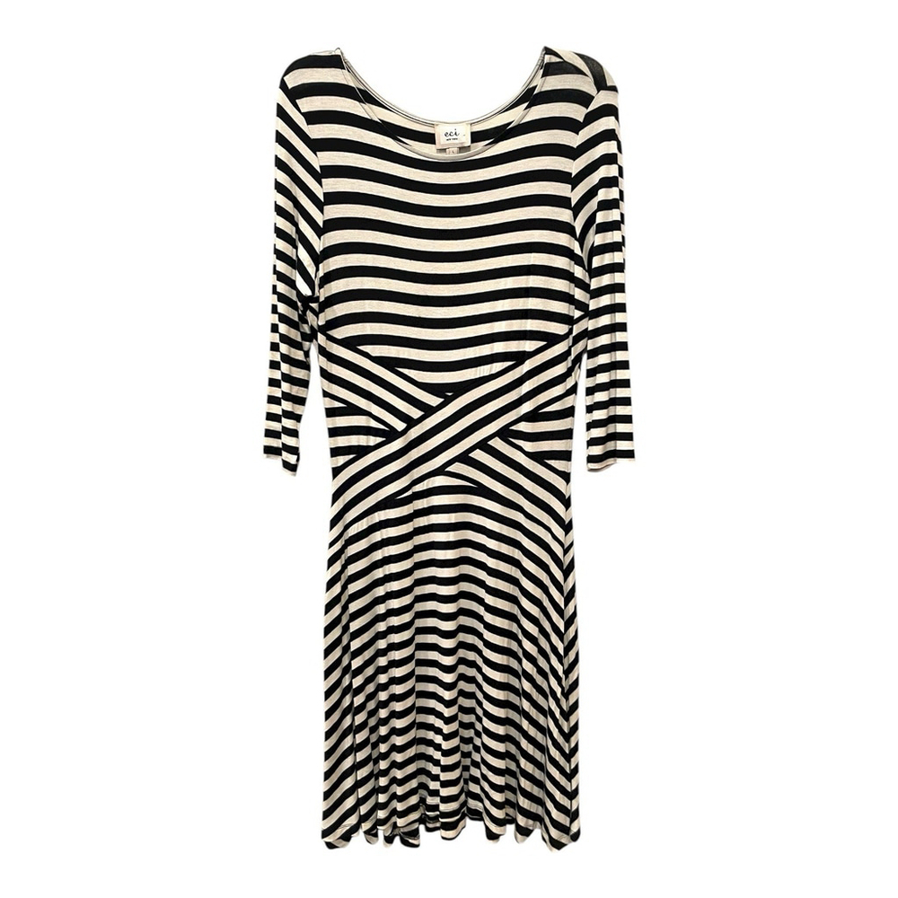 Eci New York Women Size Large Striped Dress Fit & Flare Stretch Knit Black White